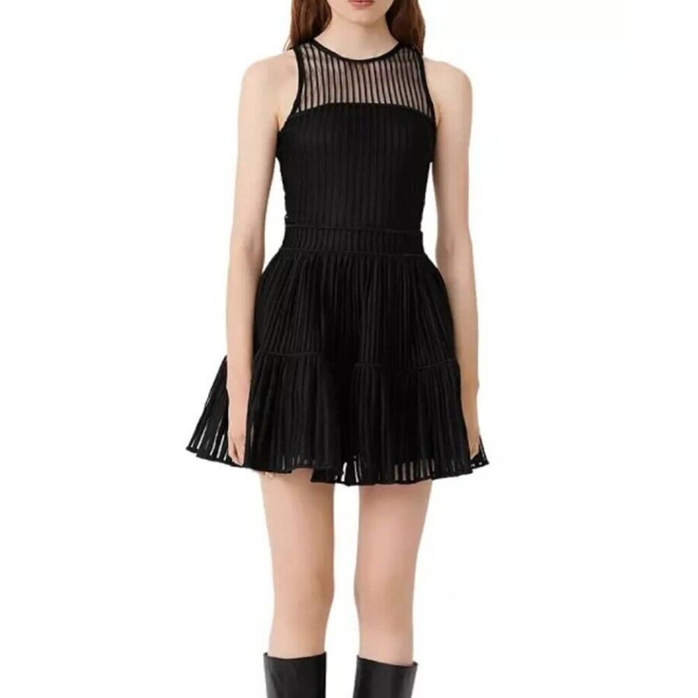 Maje Rollanda A-Line Mini Dress Size 42 Small XS Black Sleeveless Semi Sheer Top